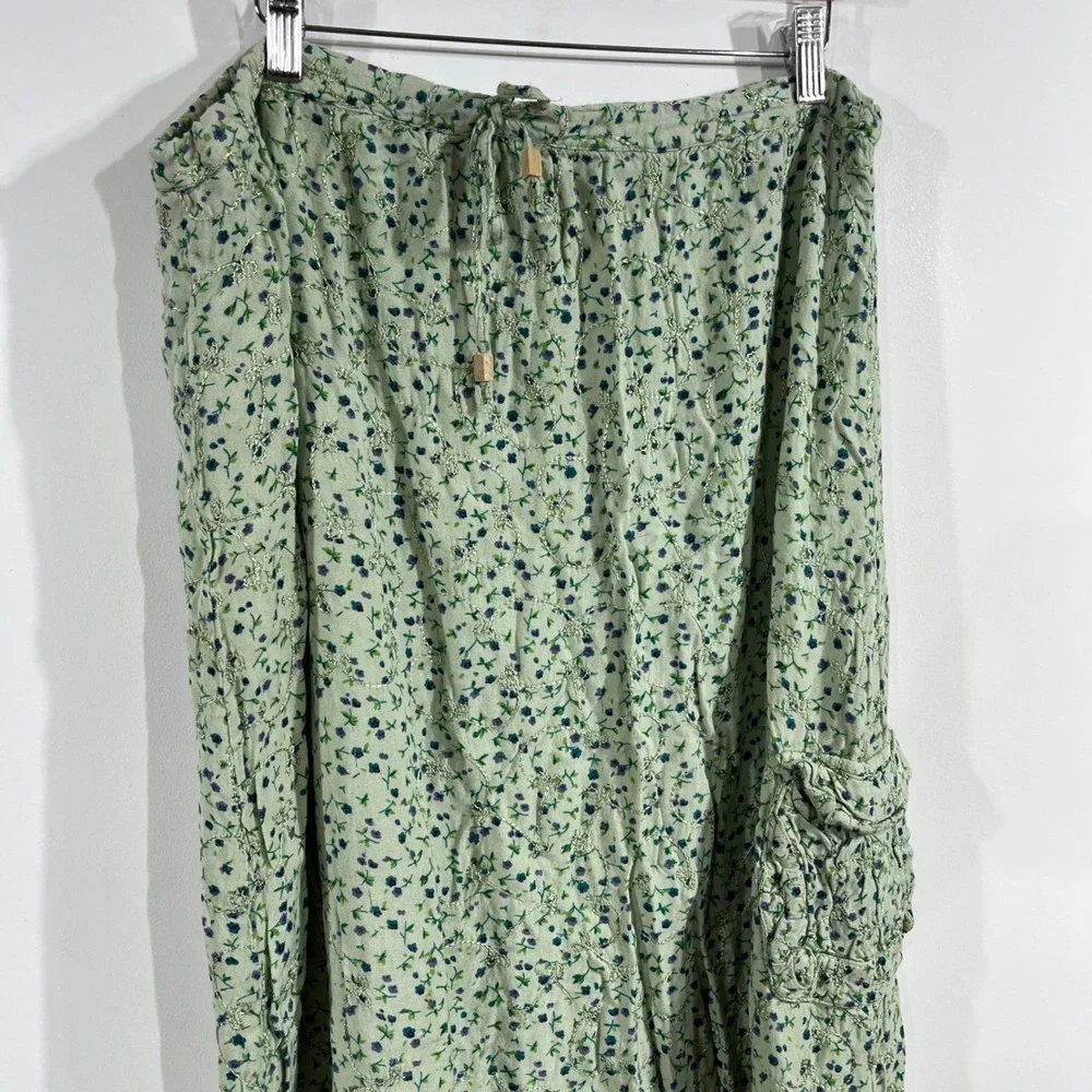 Vintage BlueSky Boho Fairy Grunge Floral Embroidered Midi Skirt Green Cargo Lg